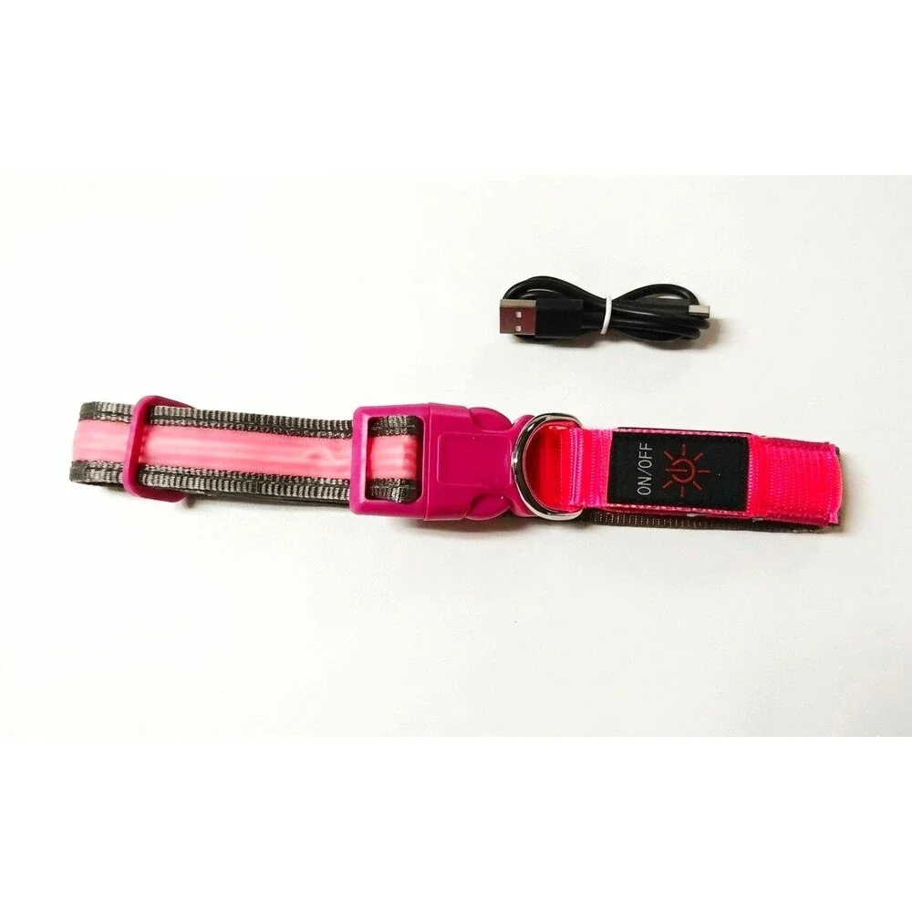 LED Lighted Safety Dog Collar Pink Size L USB Rechargeable Adjustable Nylon